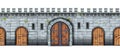 Vector stone castle wall seamless background, medieval brick palace fortification texture, wooden city gate. Royalty Free Stock Photo