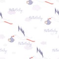 Vector Stork Flight and Baby Delivery in Sky seamless pattern background.