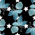Vector Strawberry fruits. Blue engraved ink art. Seamless background pattern.