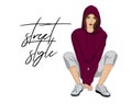 Vector street style poster. Sporty woman figure outfit, fashion illustration. Girl in crop top hoodie and sneakers. Hand