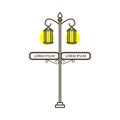 Vector streetlight in flat style with sign. Vintage outdoor light. Exterior illuminator with pointer. Street lamppost