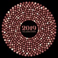 Vector style design of a single radial burst with hexagons of New Year 2019 in rose gold flat colors