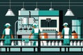 vector style illustration of a bottling plant with bottles of milk moving on a conveyor belt and workers in hairnets