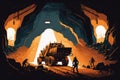 vector style illustration of a mining operation in an underground tunnel with workers and heavy equipment