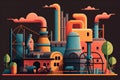 vector style illustration of a plastics manufacturing plant with cartoonish machinery and colorful characters operating them