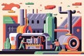 vector style illustration of a plastics manufacturing plant with cartoonish machinery and colorful characters operating them