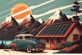 vector style illustration of a retro-style rooftop solar panel installation with a vintage car parked nearby