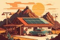 vector style illustration of a retro-style rooftop solar panel installation with a vintage car parked nearby