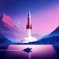 Vector Style Illustration of a Rocket Launching from Majestic Mountains in front of a Lake 2