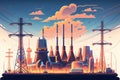 vector style power plant with a network of high-voltage electricity lines in a futuristic cityscape with flying cars