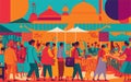 vector styled background illustration depicting a bustling market scene with vibrant stalls, diverse people, and a