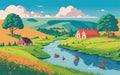 vector styled background illustration depicting a serene and picturesque countryside with rolling hills, quaint Royalty Free Stock Photo