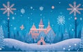 vector-styled background illustration featuring a magical winter wonderland with snow-covered landscapes, sparkling