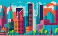 vector styled background illustration featuring a vibrant cityscape with iconic landmarks, futuristic skyscrapers, and