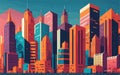 vector styled background illustration featuring a vibrant cityscape with iconic landmarks, futuristic skyscrapers, and