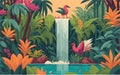 vector styled background illustration showcasing a hidden oasis within a tropical jungle, with a serene waterfall