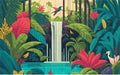 vector styled background illustration showcasing a hidden oasis within a tropical jungle, with a serene waterfall