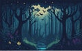 vector styled background illustration showcasing a serene and mystical forest at night, with moonlight filtering through