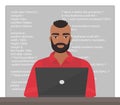 Vector stylish black man programmer sitting at the desktop and working on the laptop with code. Professional character
