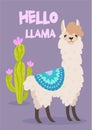 Vector stylish cartoon lama with ornament design and cactus. Hello llama poster.