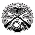 Vector stylish monochrome hunting club template with horn and mountains