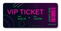 Vector stylish neon VIP ticket with date and barcode on dark gradient background Royalty Free Stock Photo