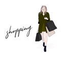 Vector stylish woman going on shopping. Girl with shopper bags in hands reading sms. Modern outfit. Weekend sale fashion beauty i