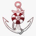 Vector stylized anchor with life buoy. Linear Art. Tattoo.