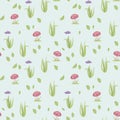 Vector stylized floral seamless pattern with red amanita mushrooms, green grass and purple flower isolated on a blue background Royalty Free Stock Photo