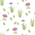Vector stylized floral seamless pattern with red amanita mushrooms, green grass and purple flower isolated on white background Royalty Free Stock Photo
