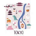 Vector stylized illustrated city map of Tokyo with famous landmarks, places and symbols Royalty Free Stock Photo