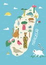 Vector stylized illustrated map of Madagascar island with famous landmarks, places and symbols