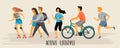 Vector stylized illustration of active young people. Healthy lifestyle.