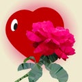 Vector, Stylized Image of a Heart Modestly Hiding Behind a Red Rose Flower, Drawn by Triangulation. Can Be Used for Valentine`s