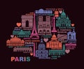 Vector stylized map of Paris with landmarks and symbols of France