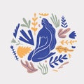 Vector stylized woman sitting with florals, long hair, blue silhouette illutration. Feminine concept, art illustration