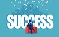 Vector of a successful businesman sitting in a red armchair under money rain