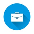 Vector suitcase icon on blue background. Flat image with long shadow