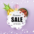 Vector summer background banner 3d paper cut with lace, ice cream. Fruit pineapple and watermelon. Flyer for advertising sales Royalty Free Stock Photo