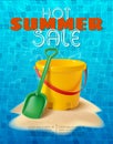 Summer background with sand kids play bucket and spade on the sand hill and water tiles background Royalty Free Stock Photo