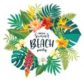 Vector Summer Beach Party calligraphy card. Summertime postcard with exotic tropical leaves, flowers. Square frame jungle Royalty Free Stock Photo