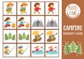 Vector summer camp memory game cards with cute hiking kids and nature. Camping matching activity. Remember and find correct card. Royalty Free Stock Photo