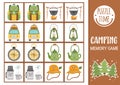 Vector summer camp memory game cards with cute smiling kawaii equipment. Camping matching activity. Remember and find correct card