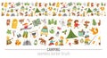 Vector summer camp seamless pattern brush. Camping, hiking, fishing equipment horizontal border with cute kids and forest animals