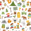 Vector summer camp seamless pattern. Camping, hiking, fishing equipment digital paper with cute kids and forest animals. Outdoor