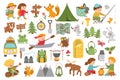 Vector summer camp set. Camping, hiking, fishing equipment collection with cute kids and forest animals. Outdoor nature tourism