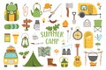 Vector summer camp set. Camping, hiking, fishing equipment collection. Outdoor nature tourism icons pack with backpack, van, rod,