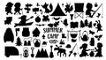 Vector summer camp silhouettes set. Camping, hiking, fishing equipment black and white collection with cute kids and forest