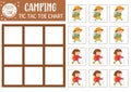 Vector summer camp tic tac toe chart with cute hiking kids. Woodland board game playing field with walking children. Funny Royalty Free Stock Photo