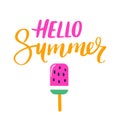 Vector summer card with cute pink ice cream-watermelon. Hello summer lettering. Royalty Free Stock Photo